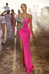 Amazing Off-the-Shoulder Fuchsia Prom Dress Mermaid High Slit With Sequins Tassels