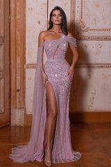 Lanvender One Shoulder Mermaid Prom Dress Beadings Split