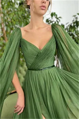 Women Green Ruffles V-neck Long Sleeve Belt Split Prom Dress