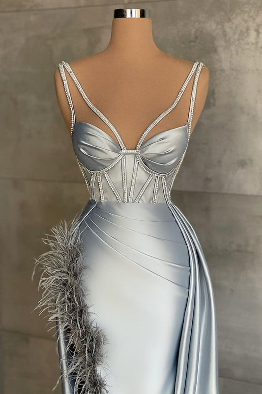 Classic Silver Grey Sleeveless Mermaid Prom Dress Long WIth Feather