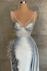 Classic Silver Grey Sleeveless Mermaid Prom Dress Long WIth Feather