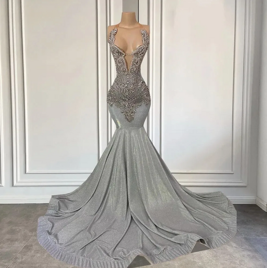 Gorgeous Silver Halter Mermaid Prom Dress Sleeveless Long With Beadings