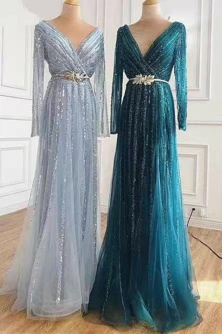 Elegant Long Sleeves Deep V-Neck Sequins Evening Dress with Beads Tulle