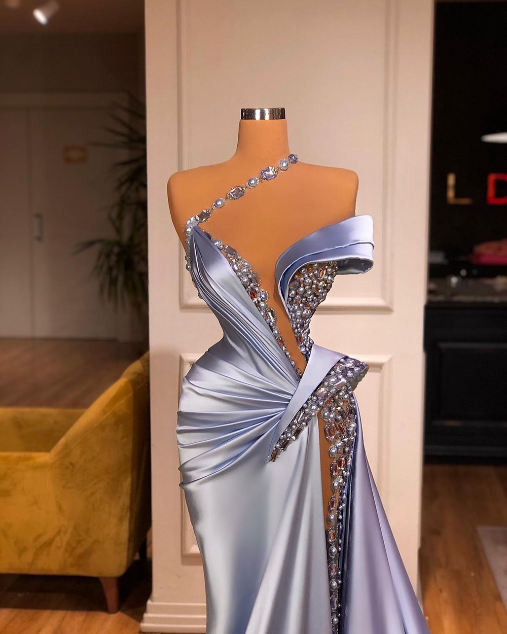  Off-the-Shoulder Mermaid Prom Dress Long Beadings with High Split