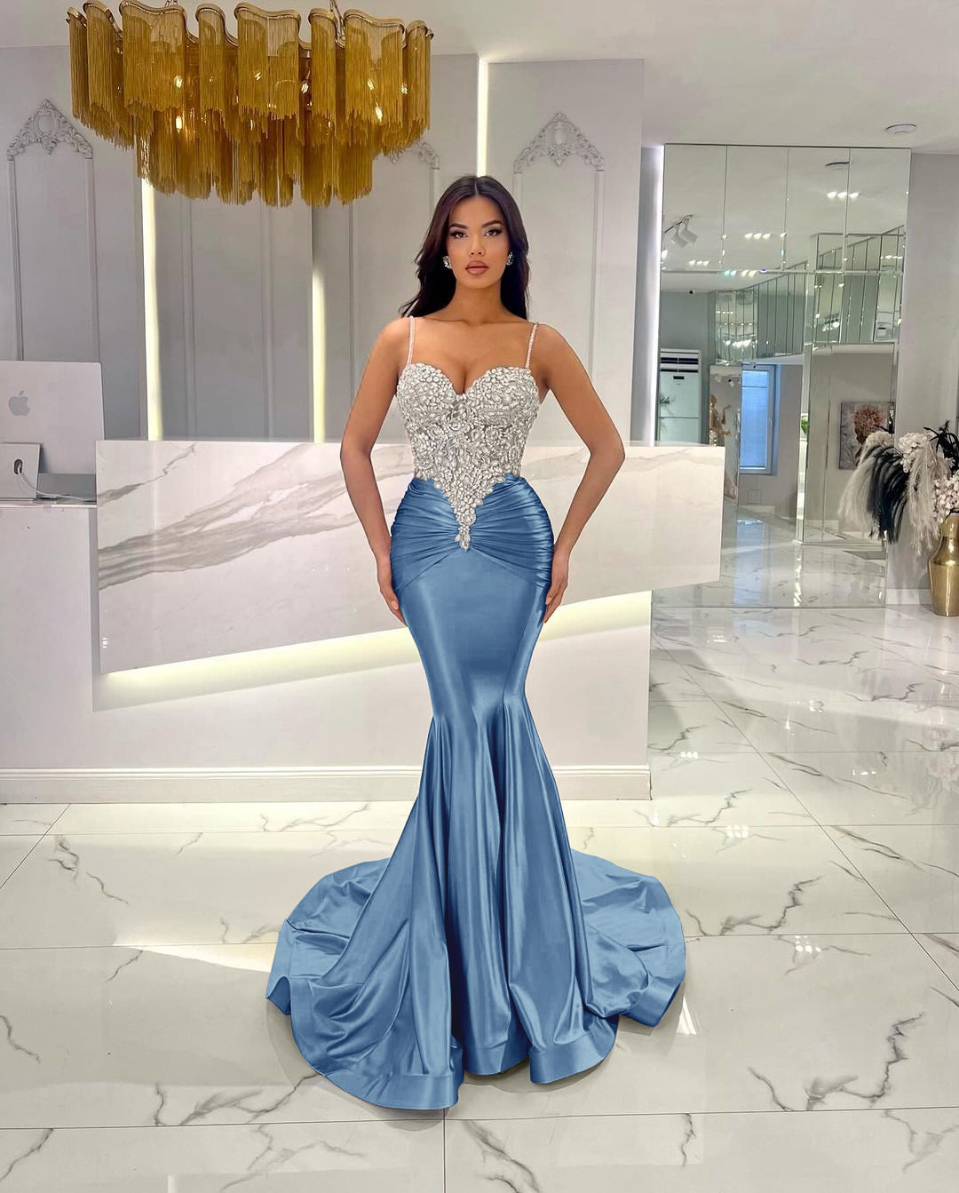 Baby Blue Mermaid Prom Dress Long Sweatheart Sleeveless with Beads