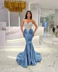 Baby Blue Mermaid Prom Dress Long Sweatheart Sleeveless with Beads