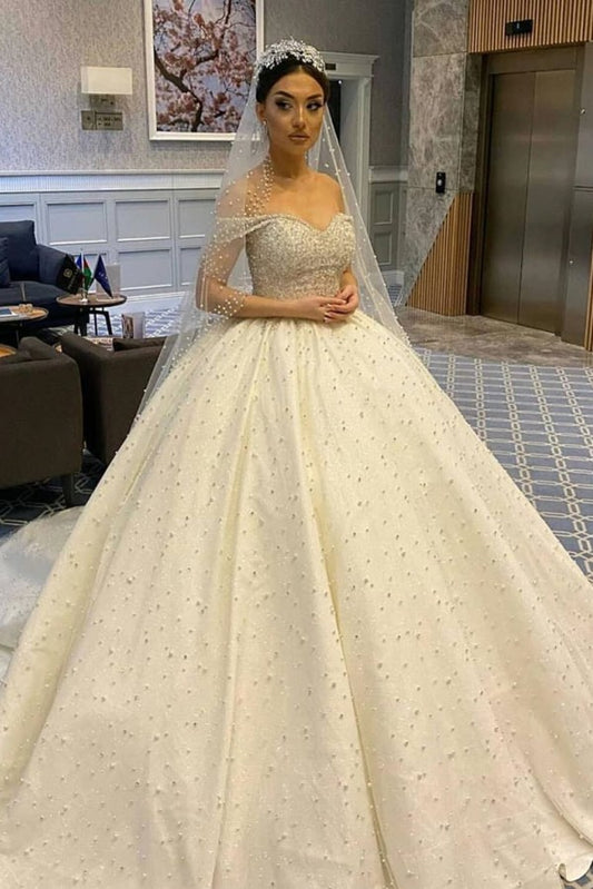 Elegant Off-the-Shoulder Backless Wedding Dress with Tulle, Pearl Beading, and Ruffles