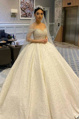 Elegant Off-the-Shoulder Backless Wedding Dress with Tulle, Pearl Beading, and Ruffles