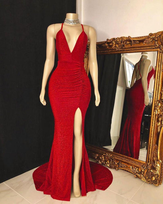 Red Halter V-Neck Prom Dress Long Sleevesless Party Gowns With Slit