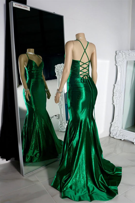 Modern Emerald Green Spaghetti-Straps Prom Dress Mermaid Sleeveless Lace-Up