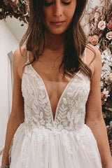 Elegant V-neck A-line Long Wedding Dress with Open Back and Lace Tulle Slit