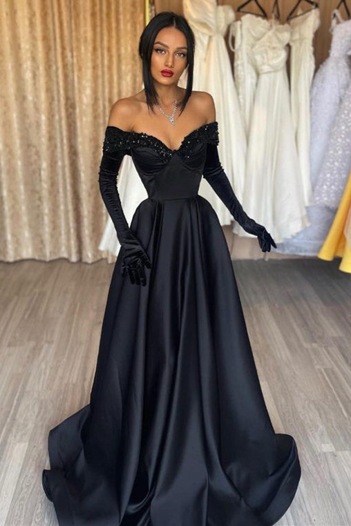 Black Prom Dress Off-The-Shoulder With Gloves Long A Line
