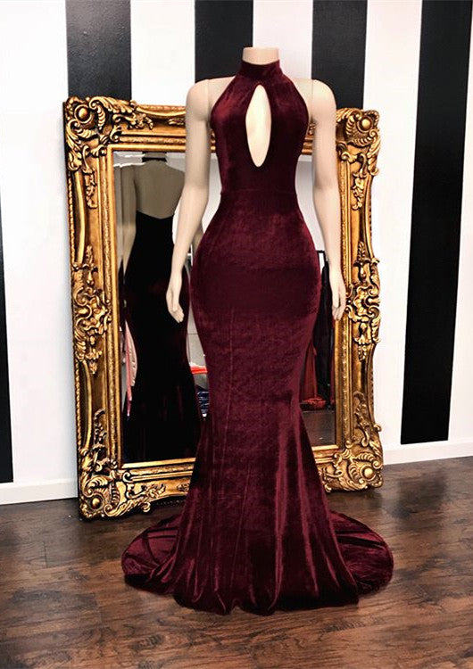 Stunning High Neck Burgundy Keyhole Prom Dress Mermaid Velvet