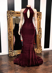 Stunning High Neck Burgundy Keyhole Prom Dress Mermaid Velvet