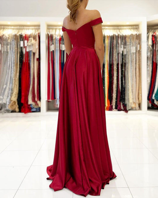Off-the-Shoulder Burgundy Long Prom Dress With Slit