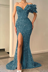 Glitter Orange Off-the-Shoulder V-Neck Mermaid Split Evening Dress with Sequins