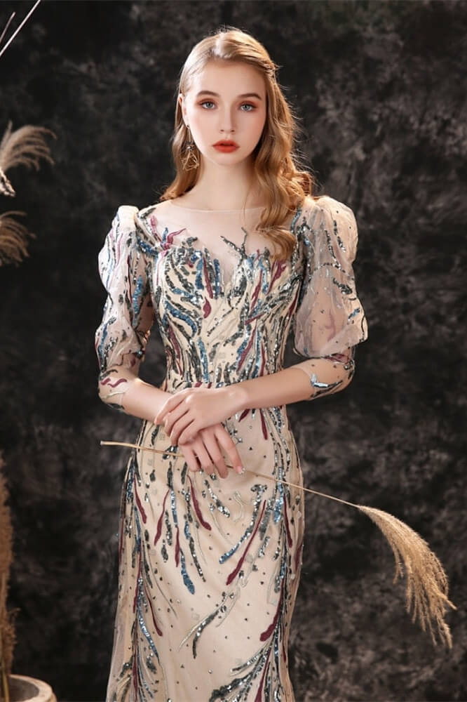 New Arrival Half Sleeves Sequins Mermaid Prom Gown Long Sheer
