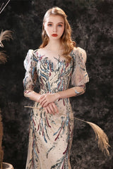 New Arrival Half Sleeves Sequins Mermaid Prom Gown Long Sheer