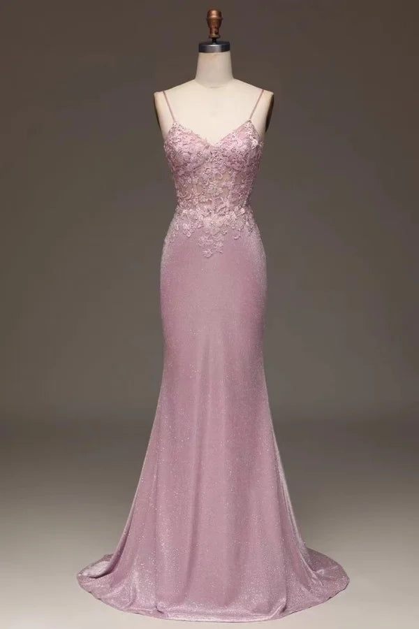 Applique Pink Spaghetti Strap Prom Dress Sleeveless Dress