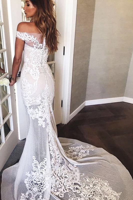 Elegant Mermaid Wedding Dress with Off-Shoulder Neckline and Sweep Train Appliques