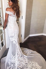 Elegant Mermaid Wedding Dress with Off-Shoulder Neckline and Sweep Train Appliques