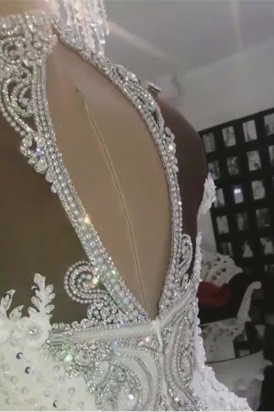 Mermaid Wedding Dress with High Collar and Off-the-Shoulder Beaded Lace Appliques