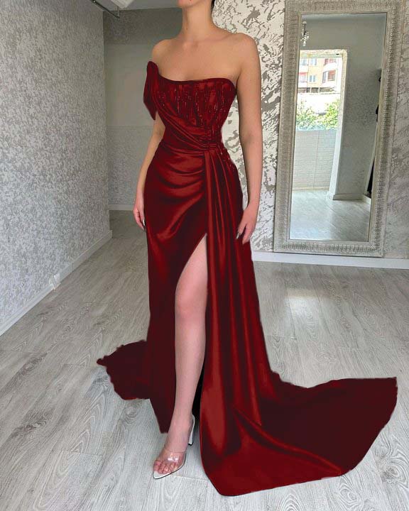 Green Strapless Prom Dress Long Beading Split Mermaid Dress