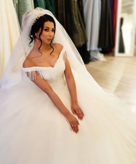 Off-the-shoulder Beaded Backless Wedding Gown with Elegant Floor-length Tassel Tulle
