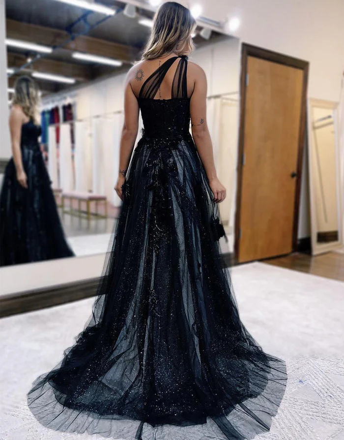 Black One Shoulder A Line Long Slit Prom Dress with Lace