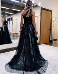 Black One Shoulder A Line Long Slit Prom Dress with Lace