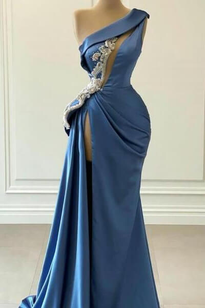 Blue One Shoulder Mermaid Prom Dress with Beaded