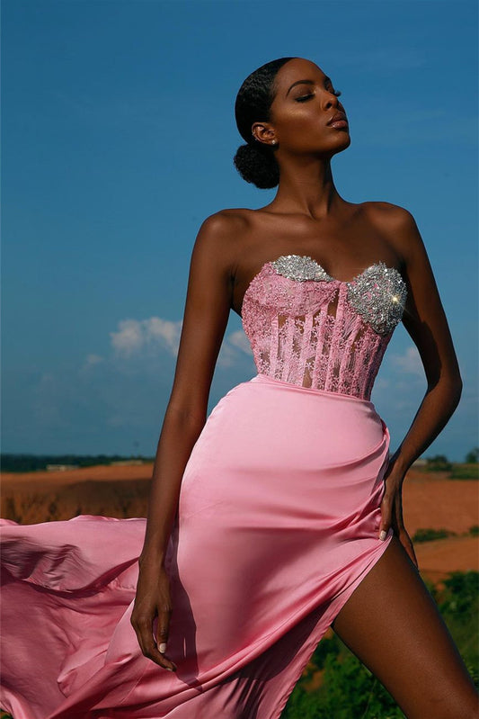 Classic Pink Sweetheart Mermaid Prom Dress Slit With Beads Lace Appliques