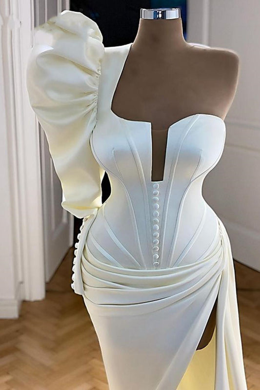 Gorgeous White One Shoulder Mermaid Prom Dress Pleats With Buttons High Split