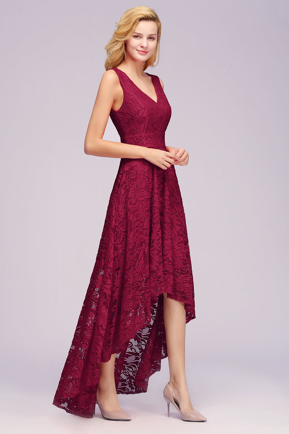 RjerStore Burgundy A-line Hi-lo V-neck Lace Dresses