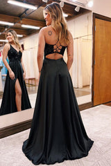 Charming Black V-Neck Sleeveless Prom Dress Long Sequins With Split