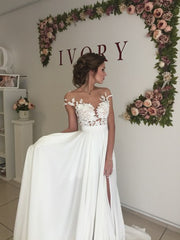 Elegant A-Line Wedding Dress with Chiffon Lace Ruffles and Side Slit Appliques