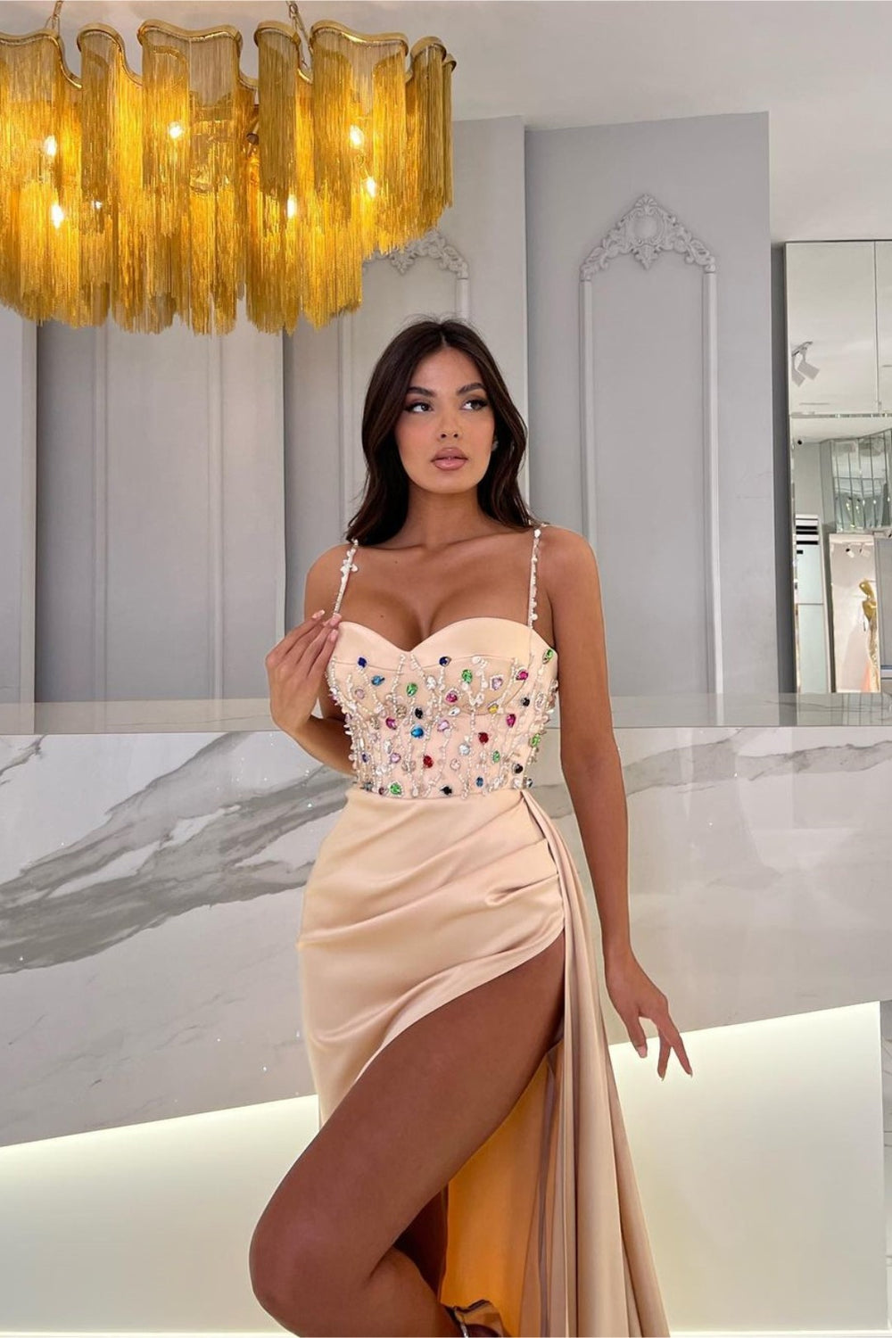Modern Spaghetti-Straps Sweetheart Mermaid Prom Dress Beaded With Split