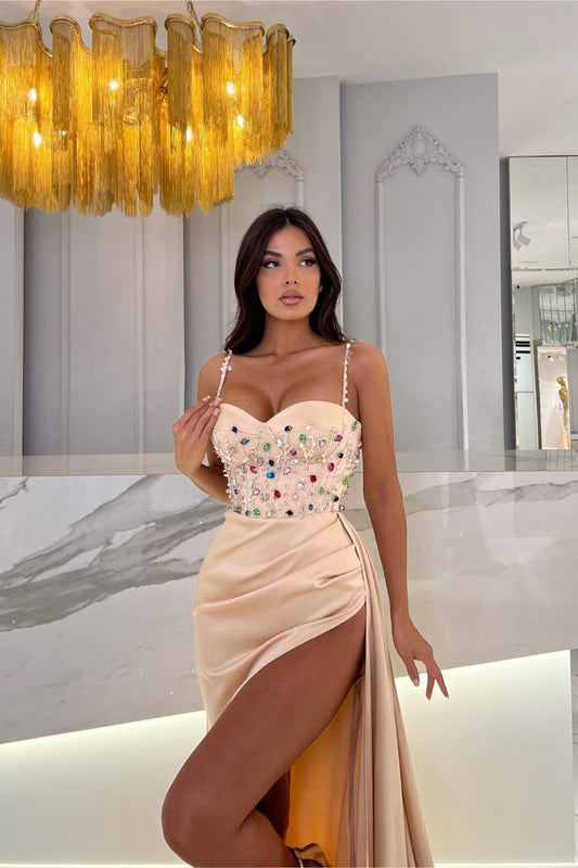 Modern Spaghetti-Straps Sweetheart Mermaid Prom Dress Beaded With Split