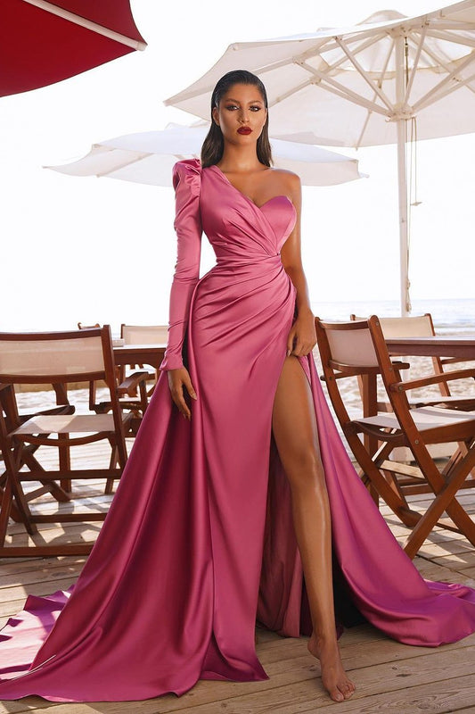 Stunning One Shoulder Long Sleeves Prom Dress With Slit