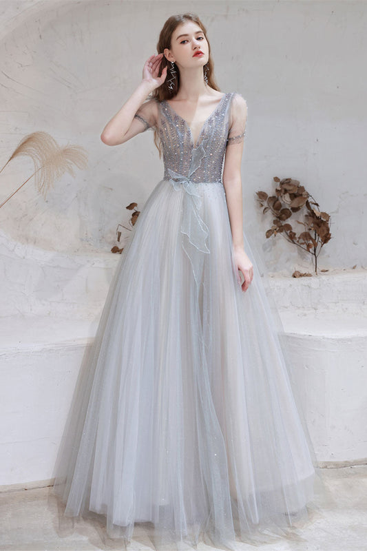 Gorgeous Light Grey Short Sleeve Prom Dress Tulle Long With Beads