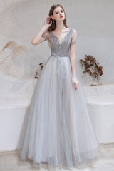 Gorgeous Light Grey Short Sleeve Prom Dress Tulle Long With Beads