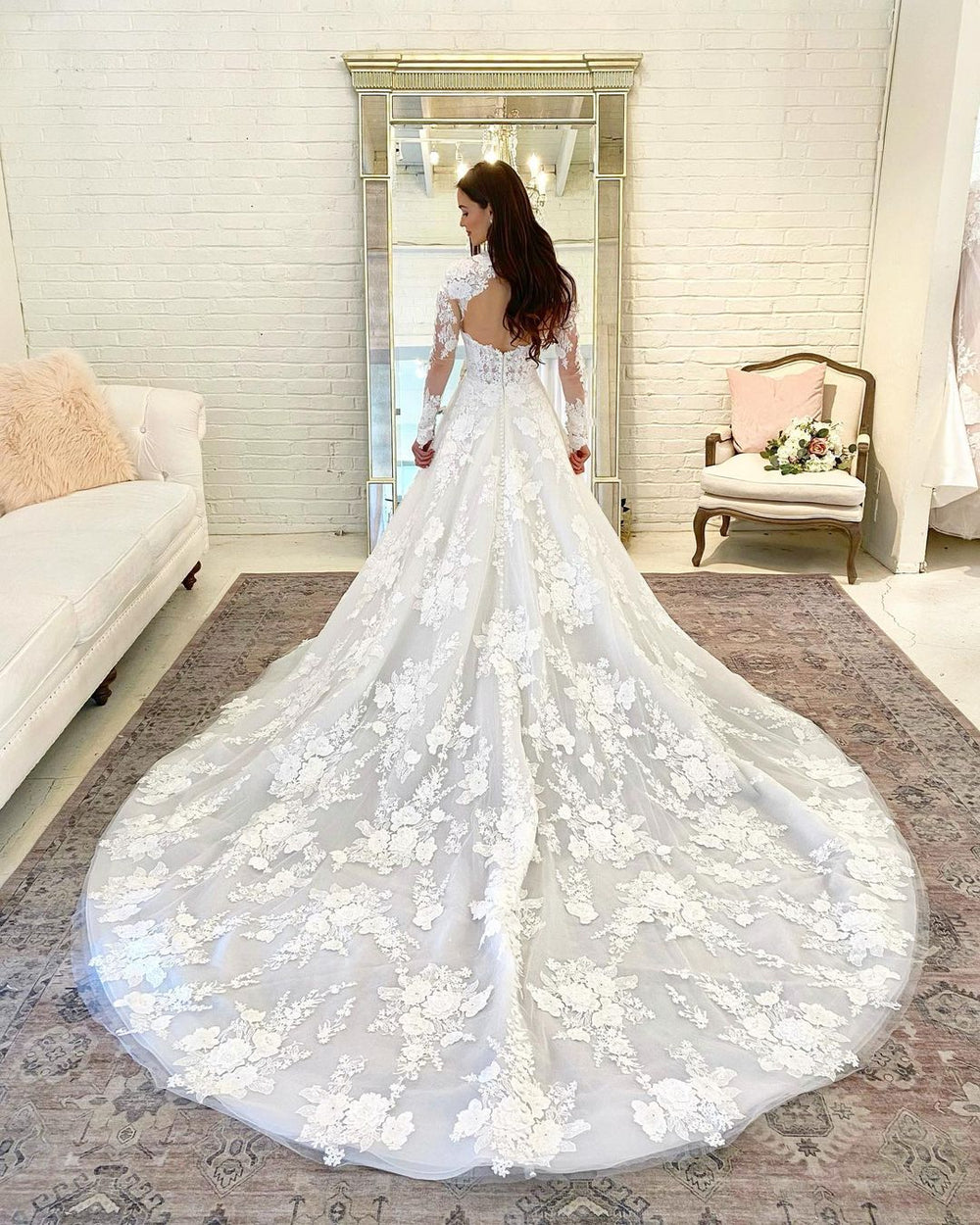 Elegant High Neck A-line Wedding Gown Featuring Lace Sleeves and Open Back