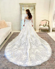 Elegant High Neck A-line Wedding Gown Featuring Lace Sleeves and Open Back