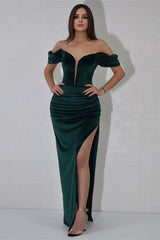 Glamorous Dark Green Off-the-Shoulder Prom Dresses Velvet High Split With Pleats