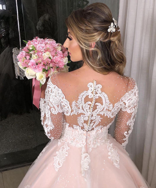 Elegant Princess Wedding Dress with Off-the-shoulder Long Sleeves and Floral Tulle Lace Appliques