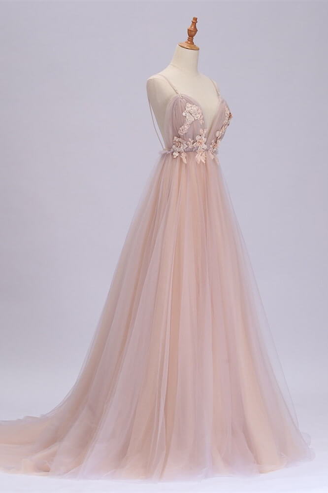 Gorgeous Blushing Spaghetti-Straps Prom Dresses Tulle Backless With Appliques