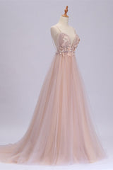 Gorgeous Blushing Spaghetti-Straps Prom Dresses Tulle Backless With Appliques