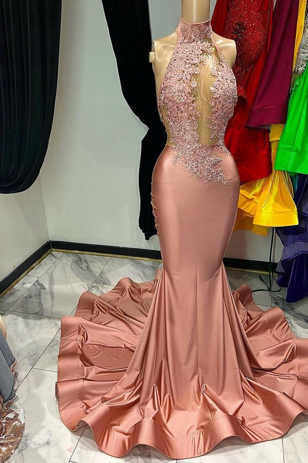 Modern Dusty Pink High Neck Sleeveless Mermaid Prom Dress With Lace Appliques