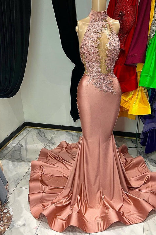 Modern Dusty Pink High Neck Sleeveless Mermaid Prom Dress With Lace Appliques