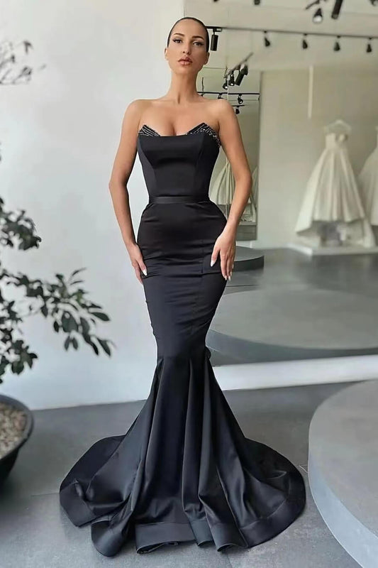 Elegant Black Strapless Mermaid Sleeveless Prom Dress with Beads
